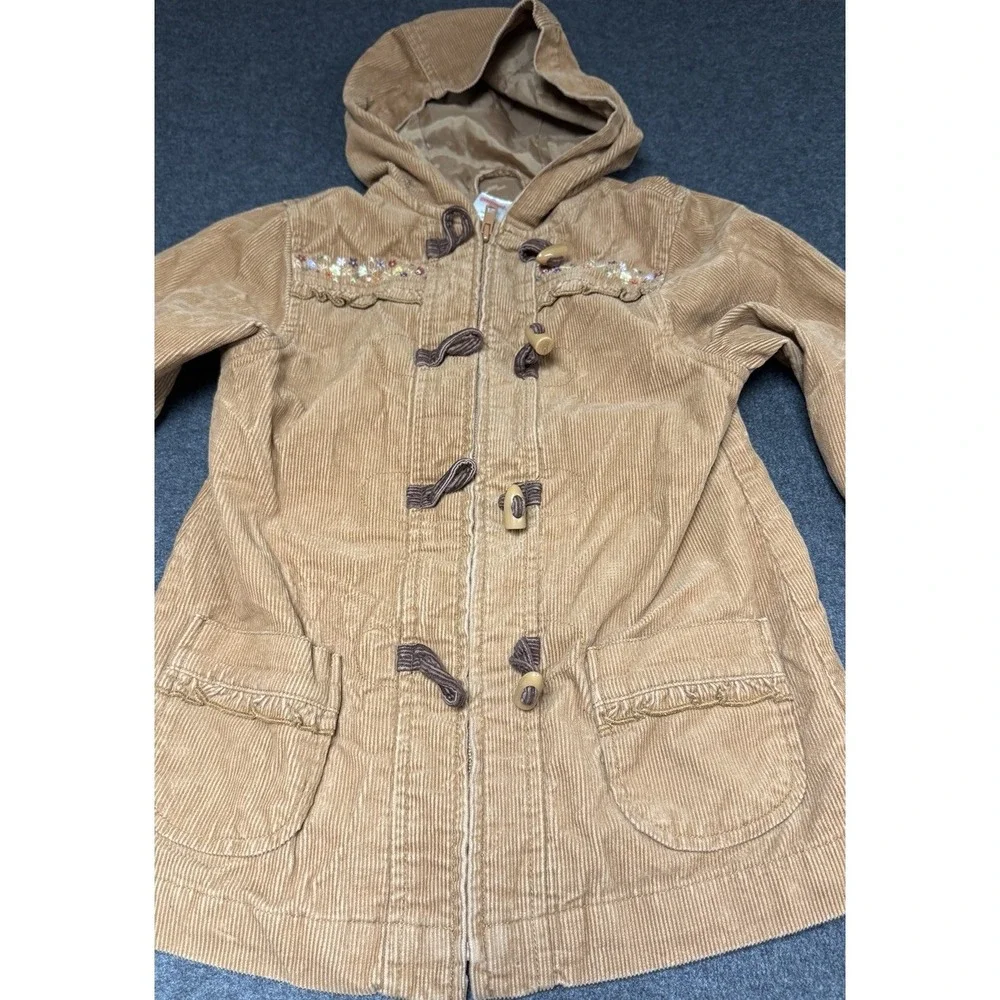 VTG Gymboree Girls Size 5 Coat Tan Corduroy‎ Embroidered Hooded Toggle Buttons